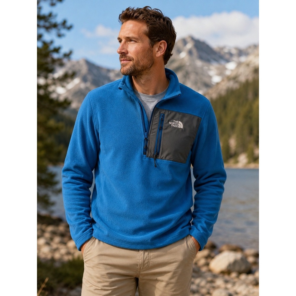 The North Face TNF Mens Blue Quarter Zip Fleece Pullover Chest Pocket Hiking Sm